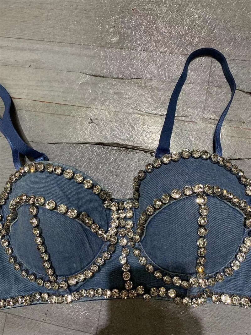 Streetwear Diamonds Denim Vest Female Bra Sleeveless Backless Sexy Summer Tank Tops For Women Camisole Y3851