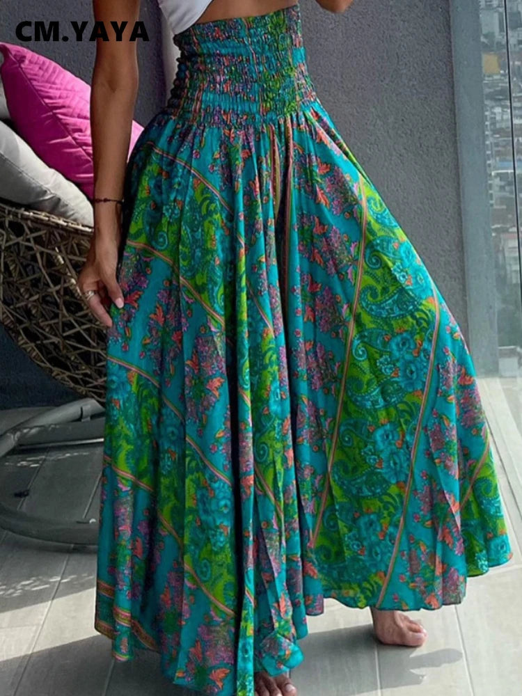 Women Fashion Bandanna Paisley Big Swing High Waist Maxi Skirt Streetwear 2024 Boho Vintage Casual Long Skirts