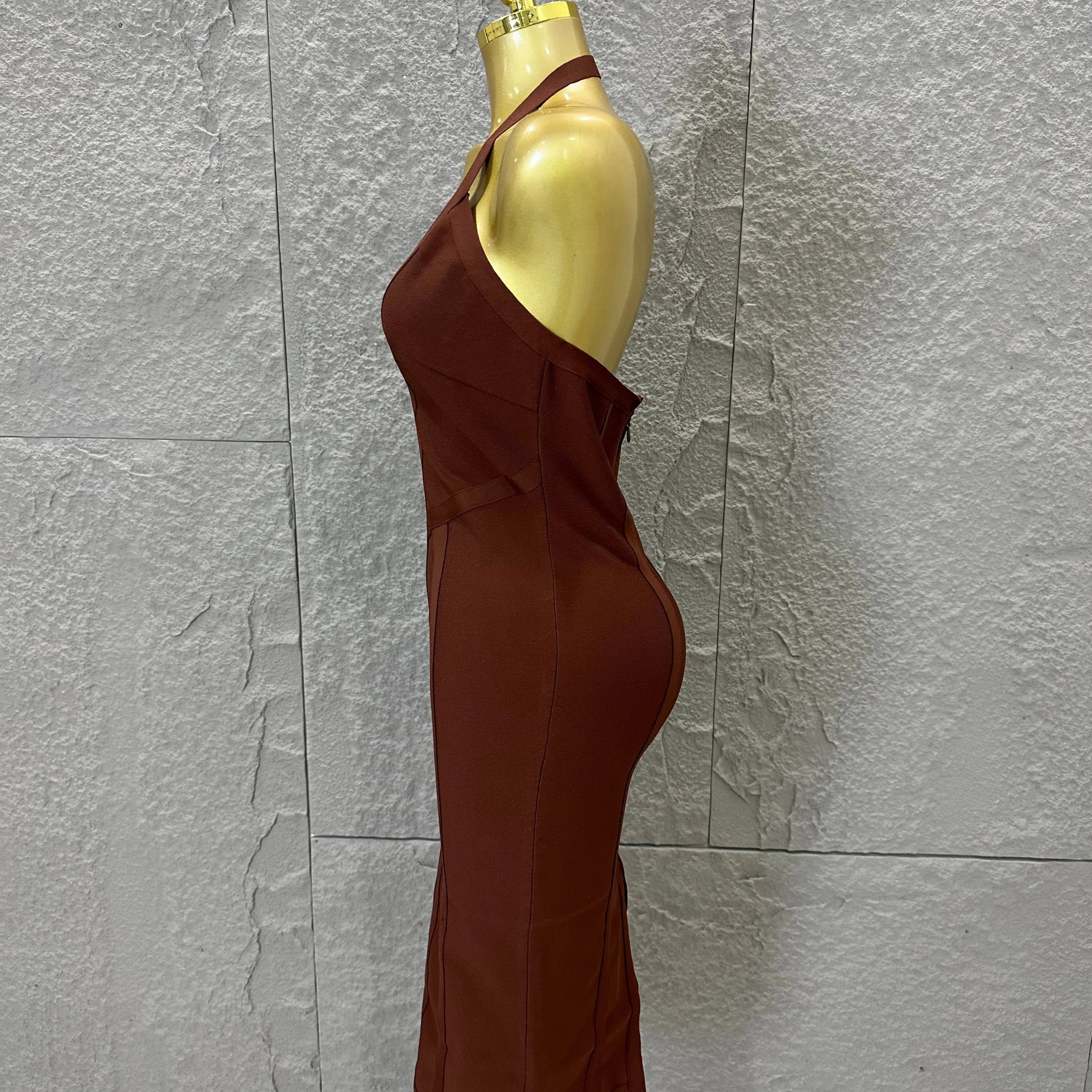 Elegant 2026 Brown Bandage Midi Dress Women Sexy Halter Neck Deep V Bodycon Evening Party Costume Cocktail Party Costume