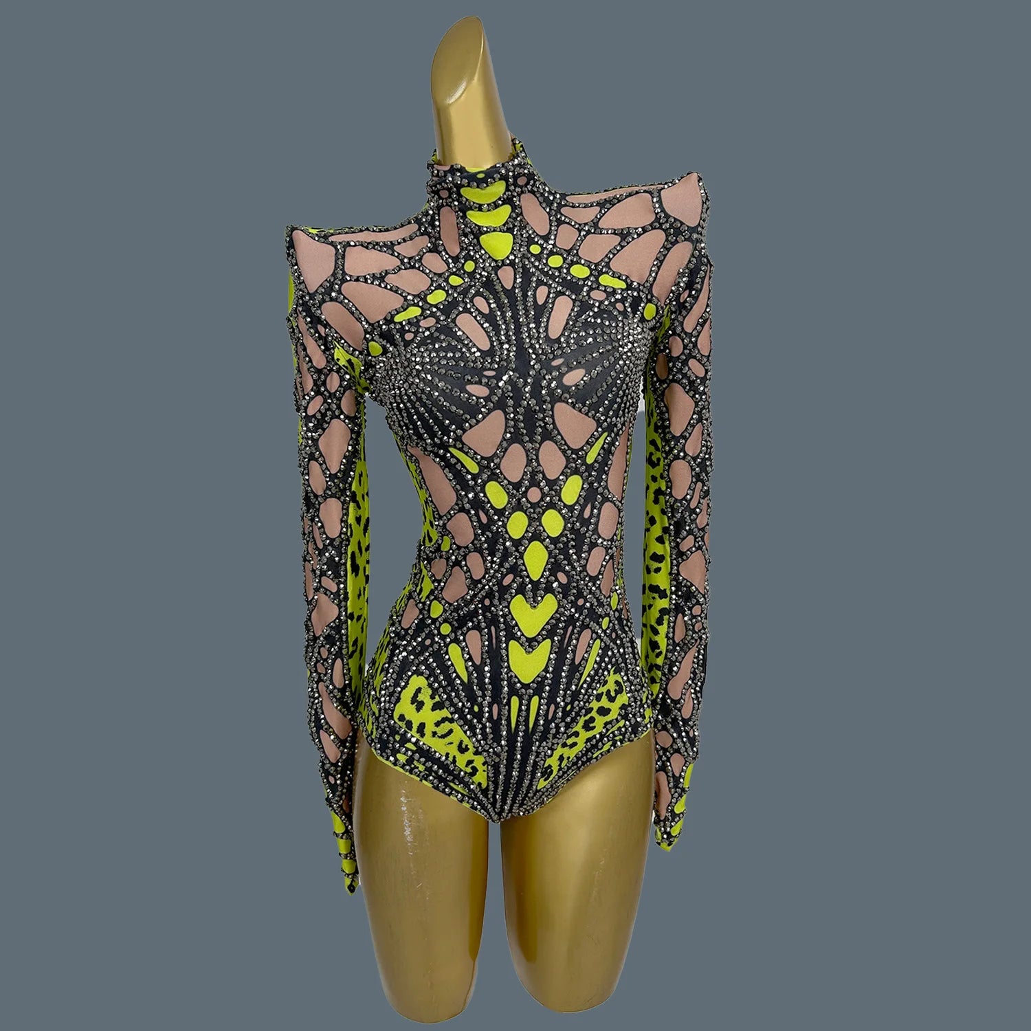 Sparkly Rhinestone Spandex Elastic Bodysuit gig Party Show Costume Fashion Women Dance Bodysuit Sexy Girls Club Wear Chongdong green One Size