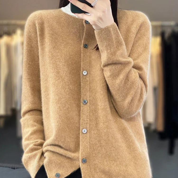 Aliselect Autumn Winter Women 100% Merino Wool Sweater O-Neck Tops Long Sleeve Basic Cashmere Knitwear Cardigan Clothing Coat