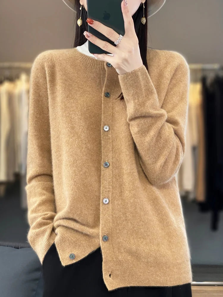 Aliselect Autumn Winter Women 100% Merino Wool Sweater O-Neck Tops Long Sleeve Basic Cashmere Knitwear Cardigan Clothing Coat