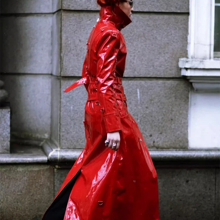 Lautaro Spring Long Cool Shiny Reflective Hard Patent Pu Leather Coat for Women Belt Luxury Designer Punk style Lace Up Clothes red