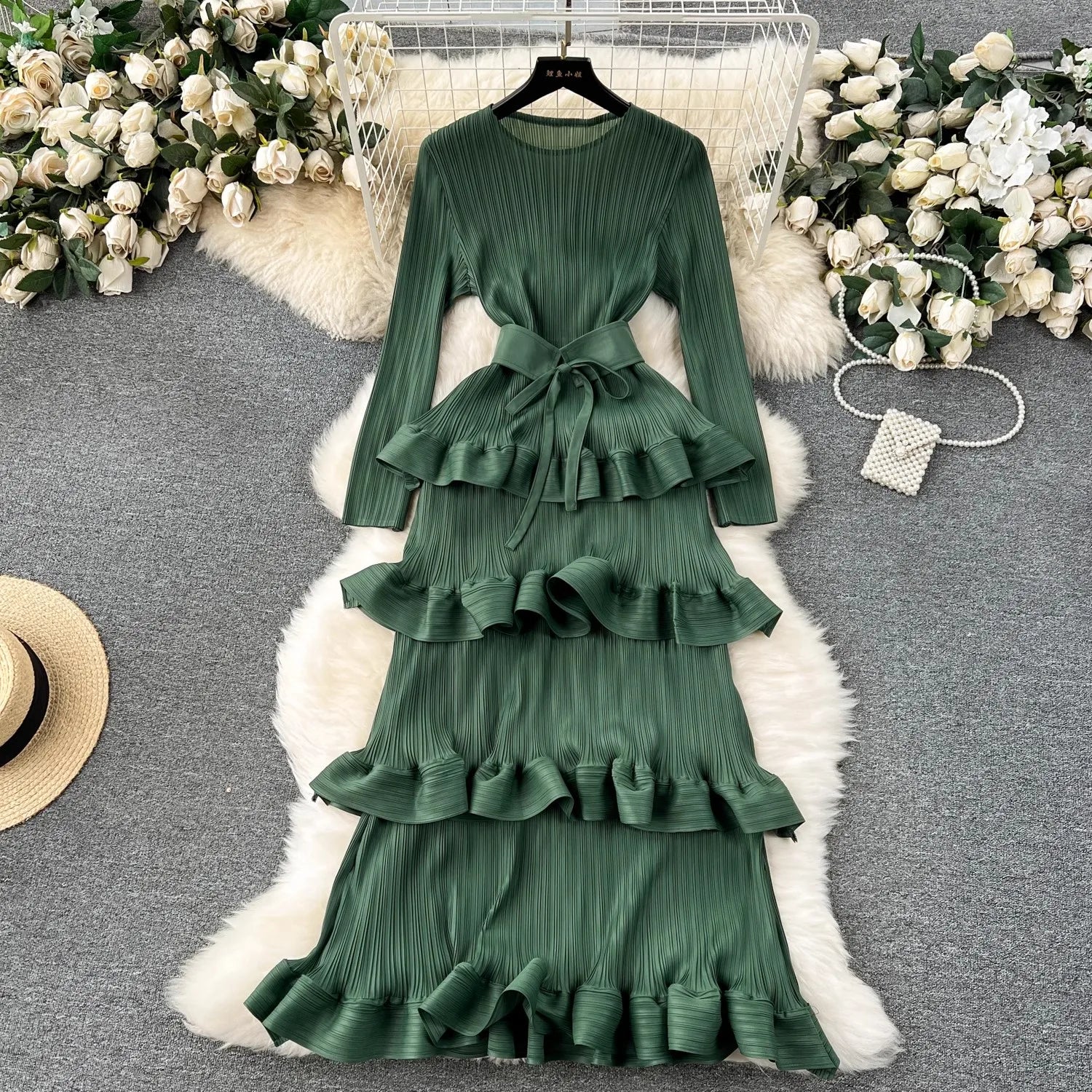 Miyake Multi-layer Cascading Pleated Dress Women O Neck Long Sleeve Solid Color Ruffles Cake Belt Dress Female Party Clothing green One Size