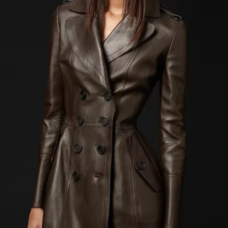 Autumn Fitted Coffee Skirted Pu Leather Blazer Jacket Women Long Sleeve Double Breasted European Fashion