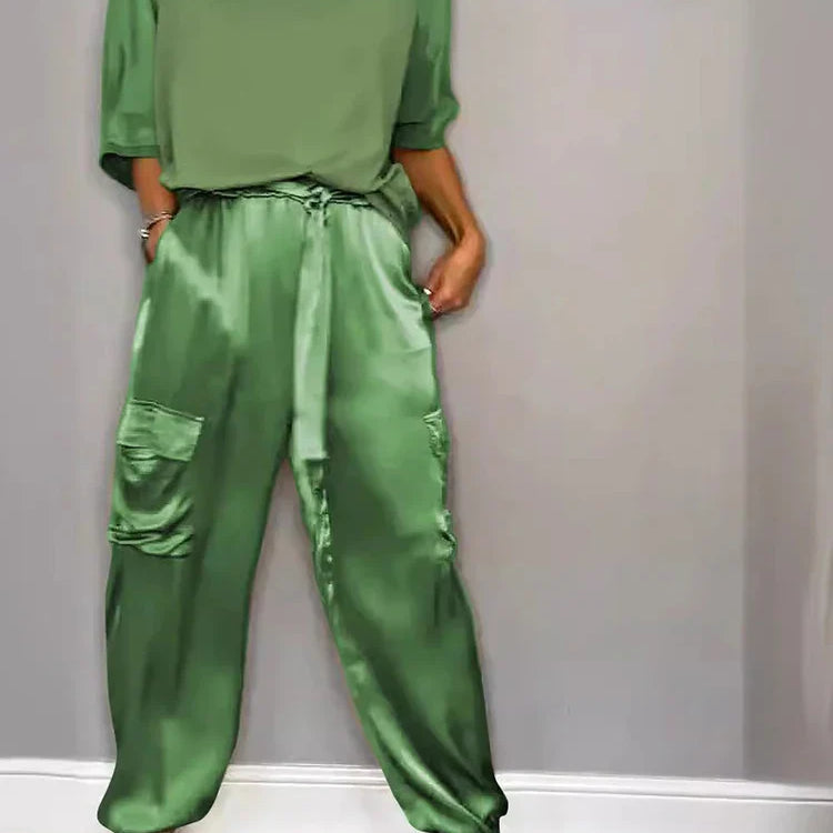 Fashion Solid Color Satin Two Piece Set Women Round Neck New Spring Summer Top Long Pants Casual Loose Two Piece Set Green