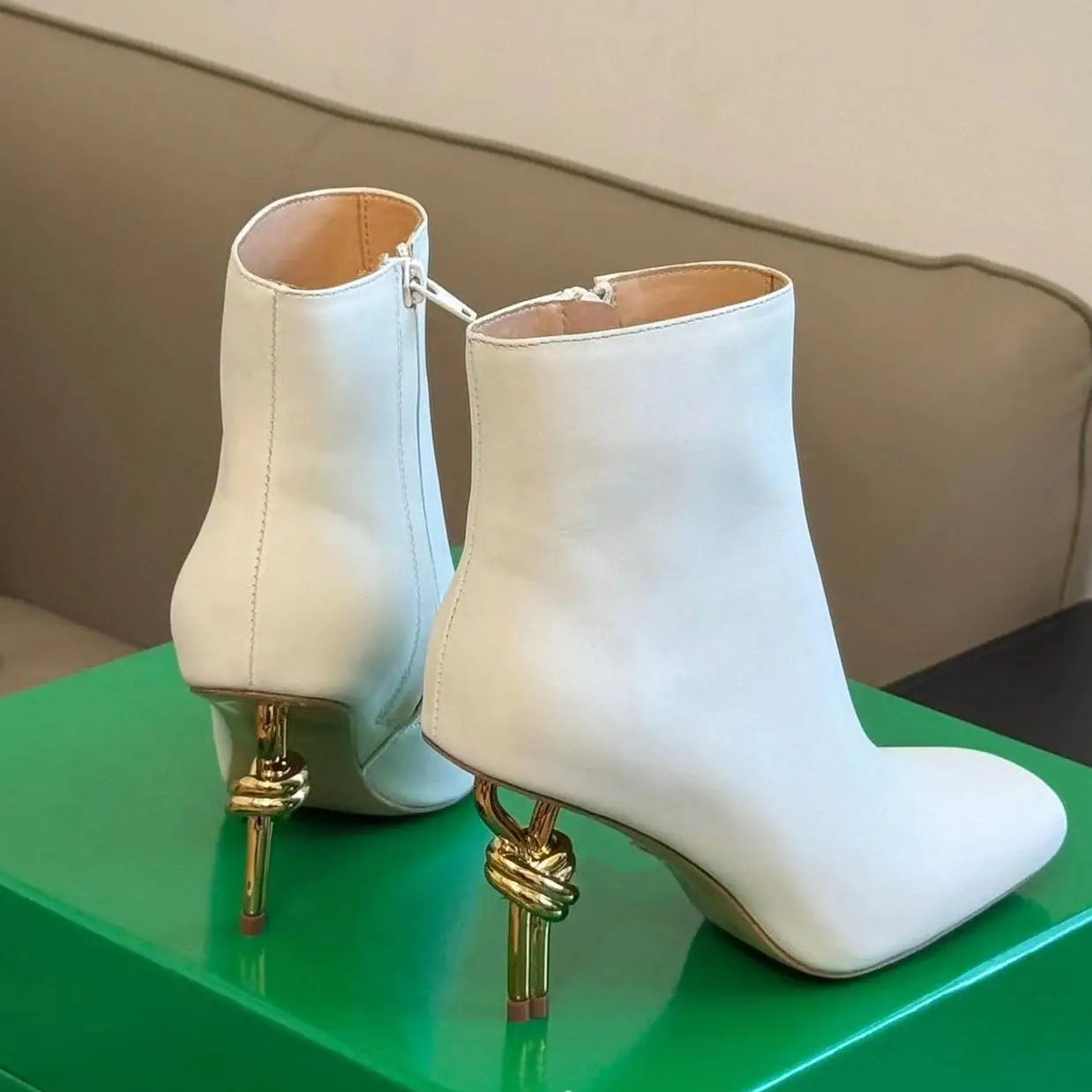 Women Metal Knot Shaped Heel Boots High Heel Ankle Nude Boots Elegant Office Side Zip Square Toe Heels Boots