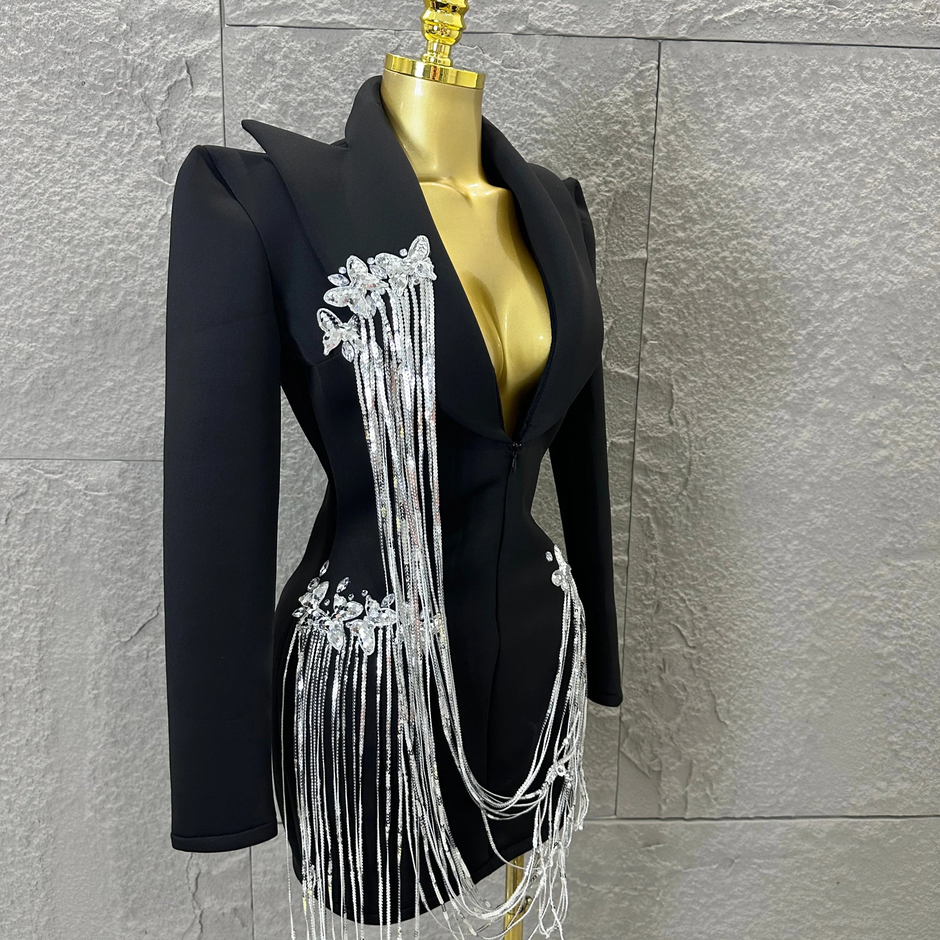 Luxury Black Blazer Mini Dress Deep V Neck Silver Crystal Beaded Butterfly Long Tassel Formal Evening Cocktail Gala Party Gown