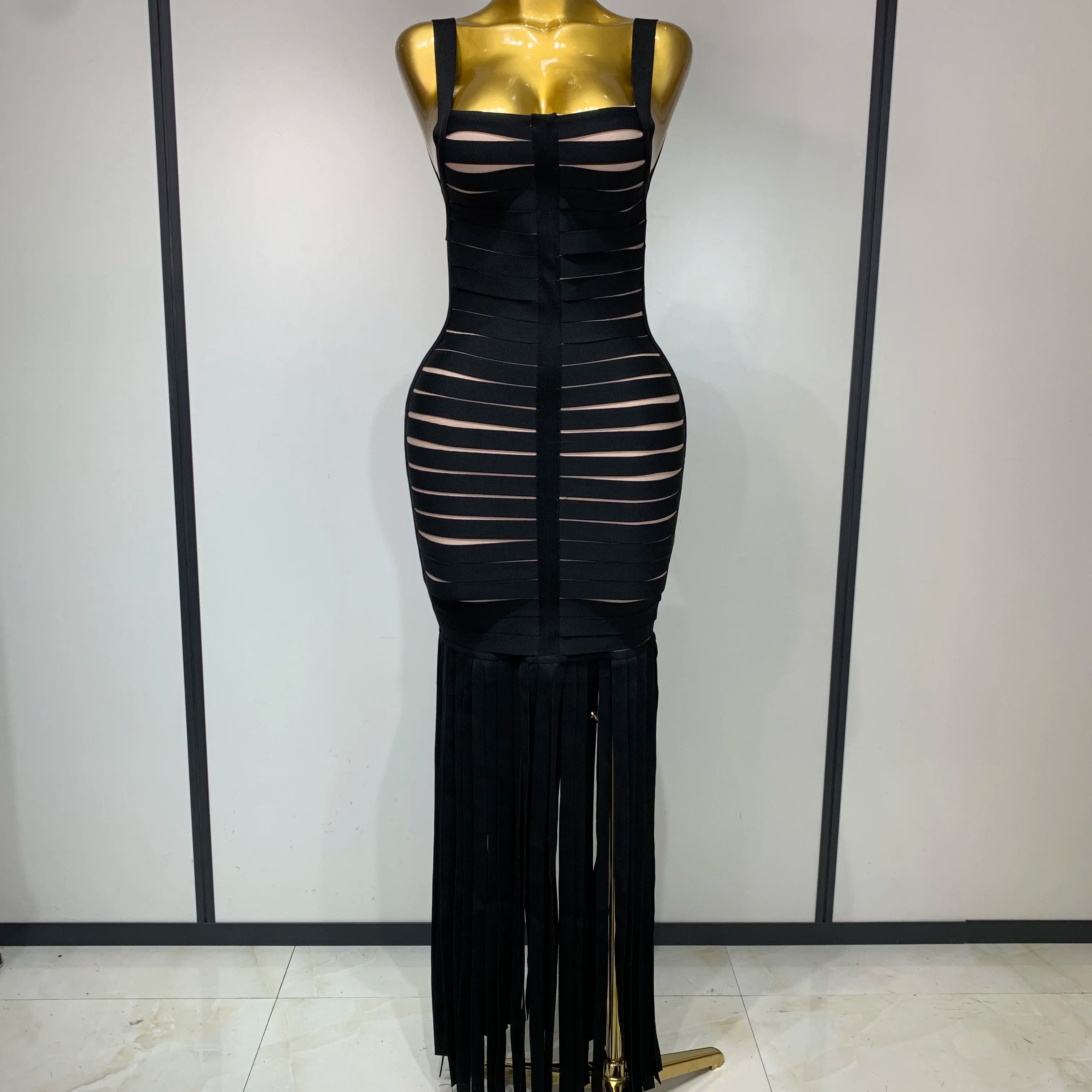 Women Sexy Sleeveless Square Collar Black Tassel Long Bandange Dresses Elegant Evening Party Birthday Gown Design Club Dress black