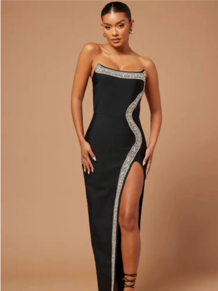 Red Black Women Sexy Strapless Shinning Diamond Line Bodycon Long Bandage Dress Elegant Birthday Party Cocktail Dress Outfit black