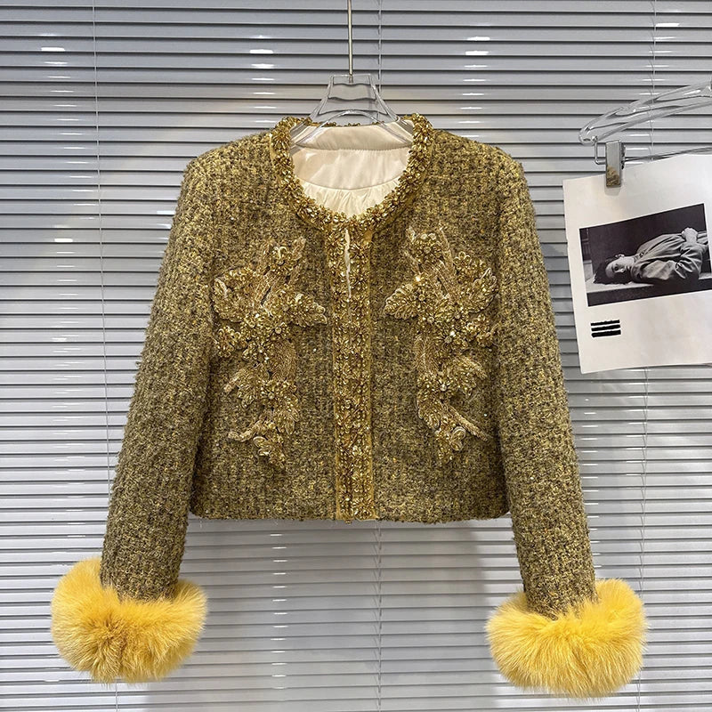 Winter New Fashion Fox Fur Cuff Beaded Embroidery Cotton Inner Short Coat For Women Covered Buttoned Jacket 11A07812 Gold