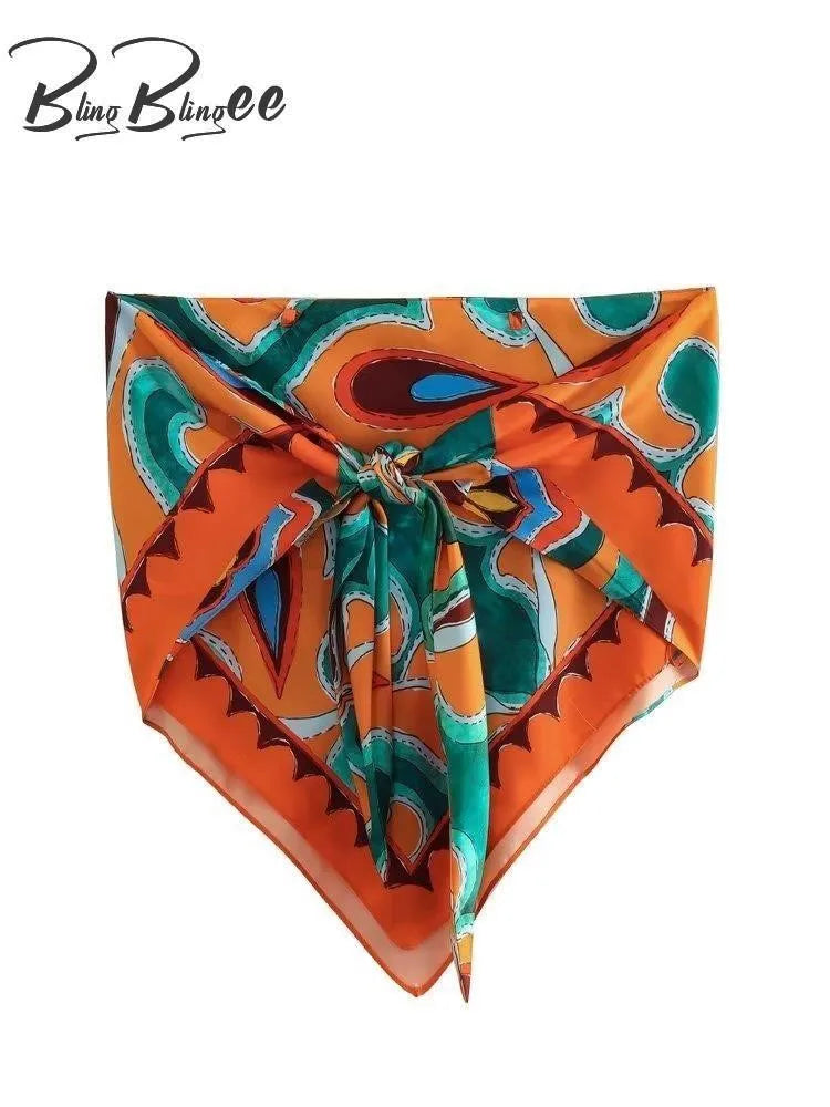 BlingBlingee Summer Printed Women Wide Pants Satin Suits Traf Asymmetric Sleeveless Strapless Crop Top Female Sets Y2K