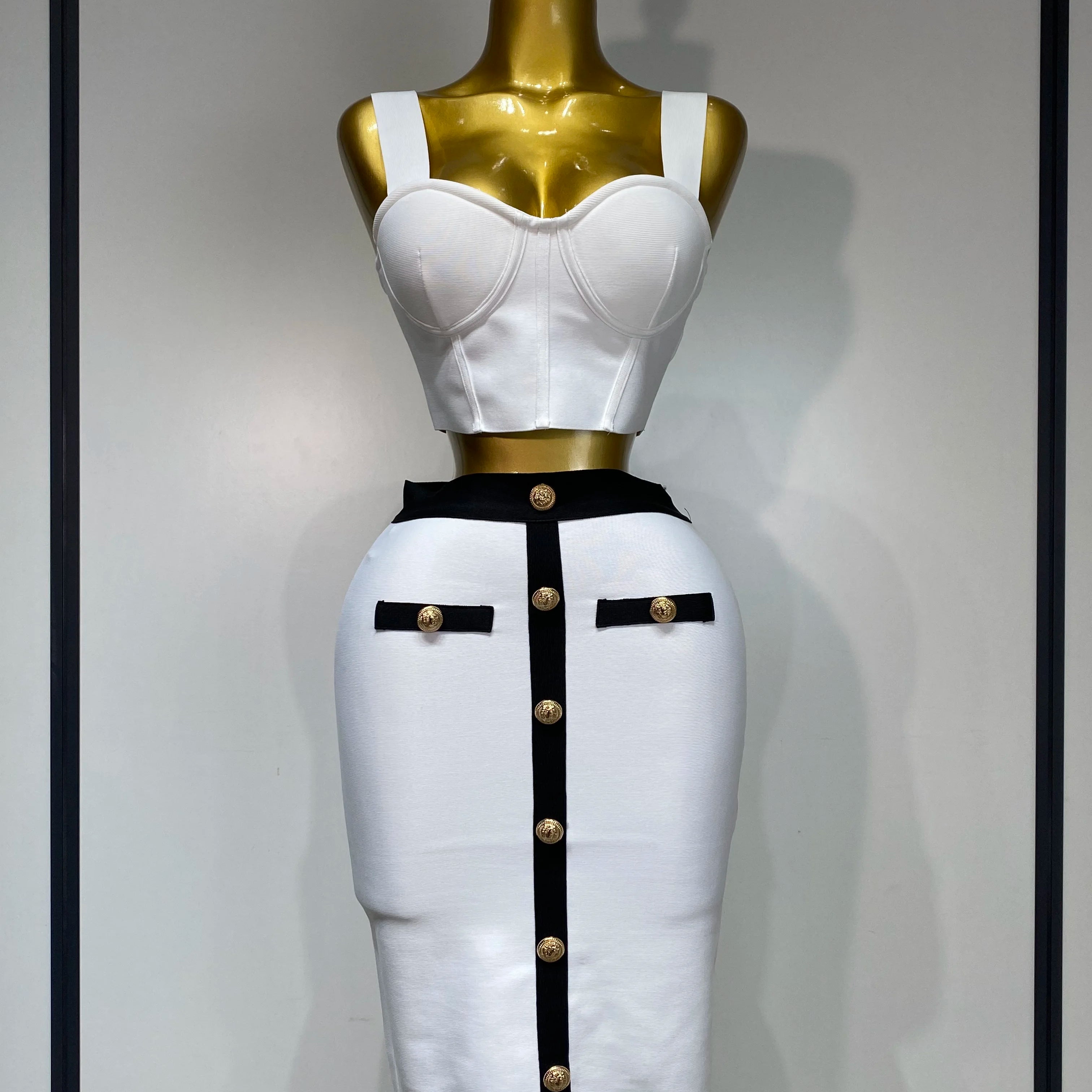 Women Button Patchwork White Black Bodycon Bandage Two Piece Set 2025 Designer High Waist Party Club Skirt Set WHITE