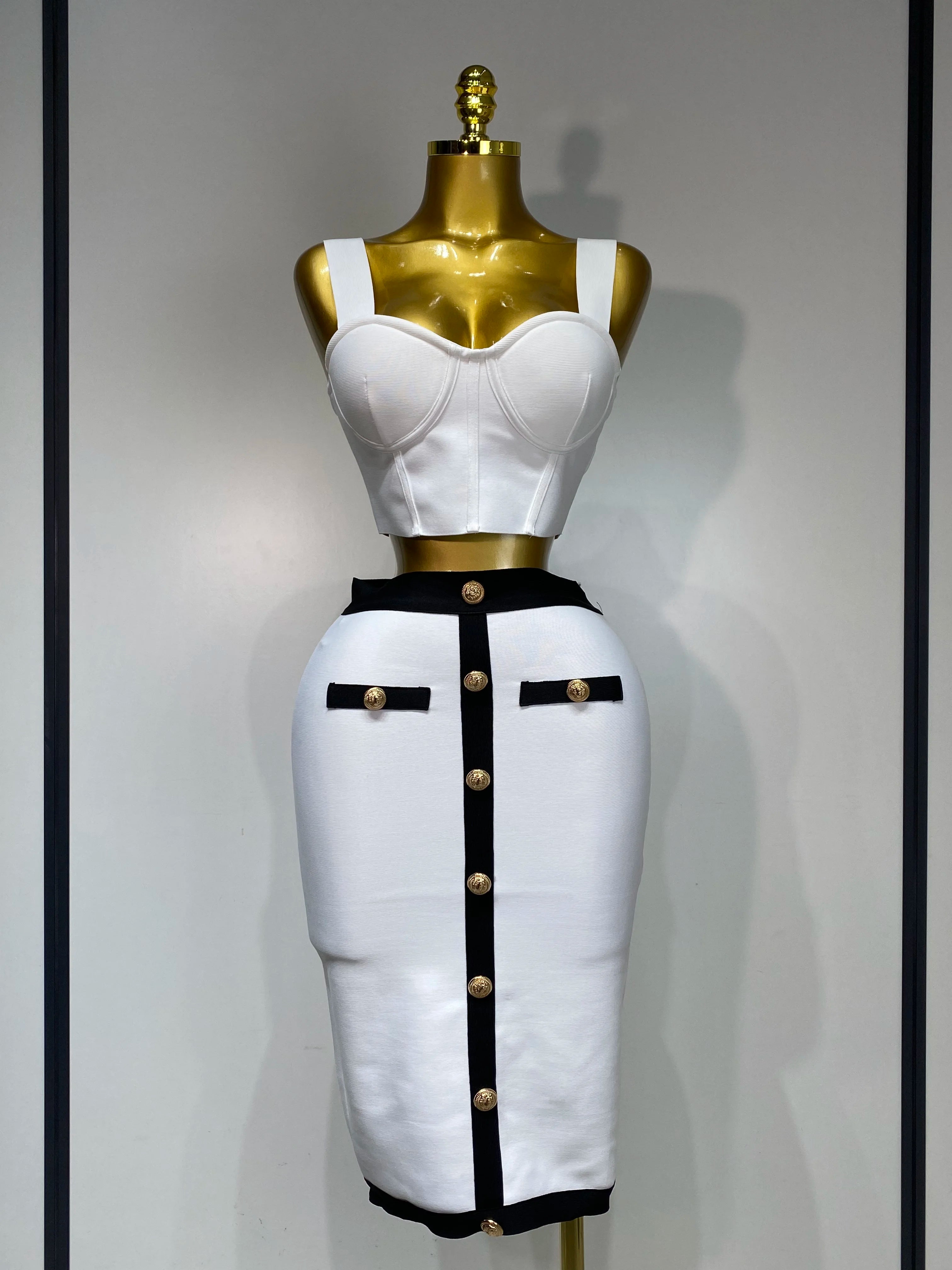 Women Button Patchwork White Black Bodycon Bandage Two Piece Set 2025 Designer High Waist Party Club Skirt Set WHITE