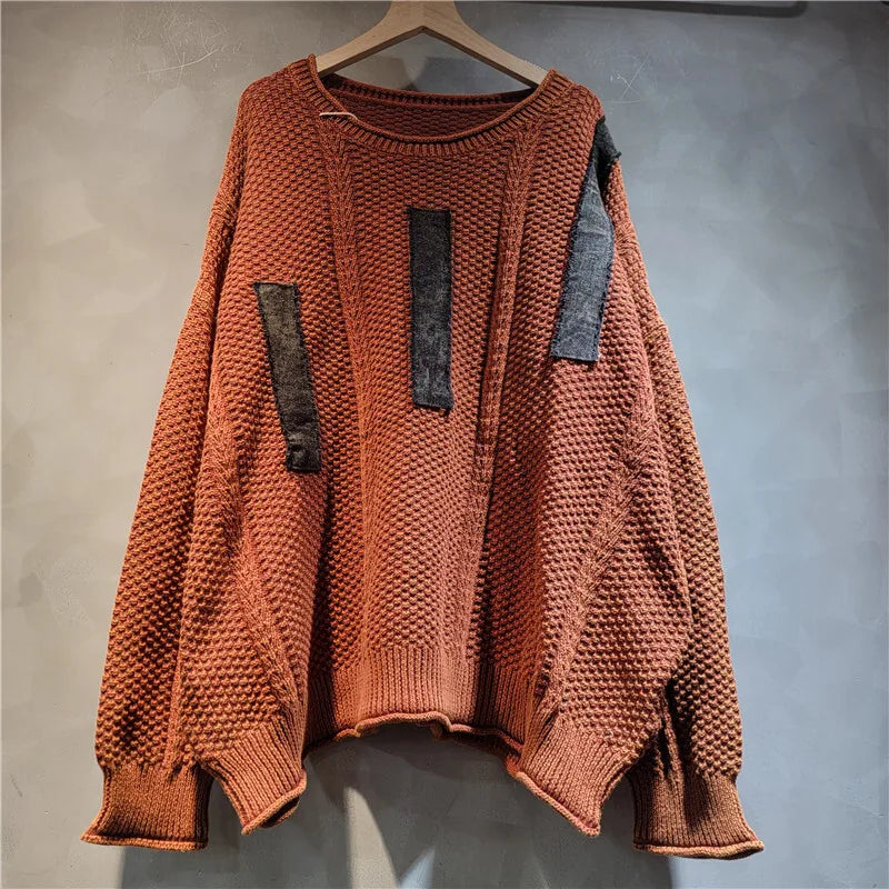 Autumn Winter Sweater Trendy Large Size Loose Casual Patchwork Splicing Top For Women Versatile Pullover 11A07533 Orange-red One Size