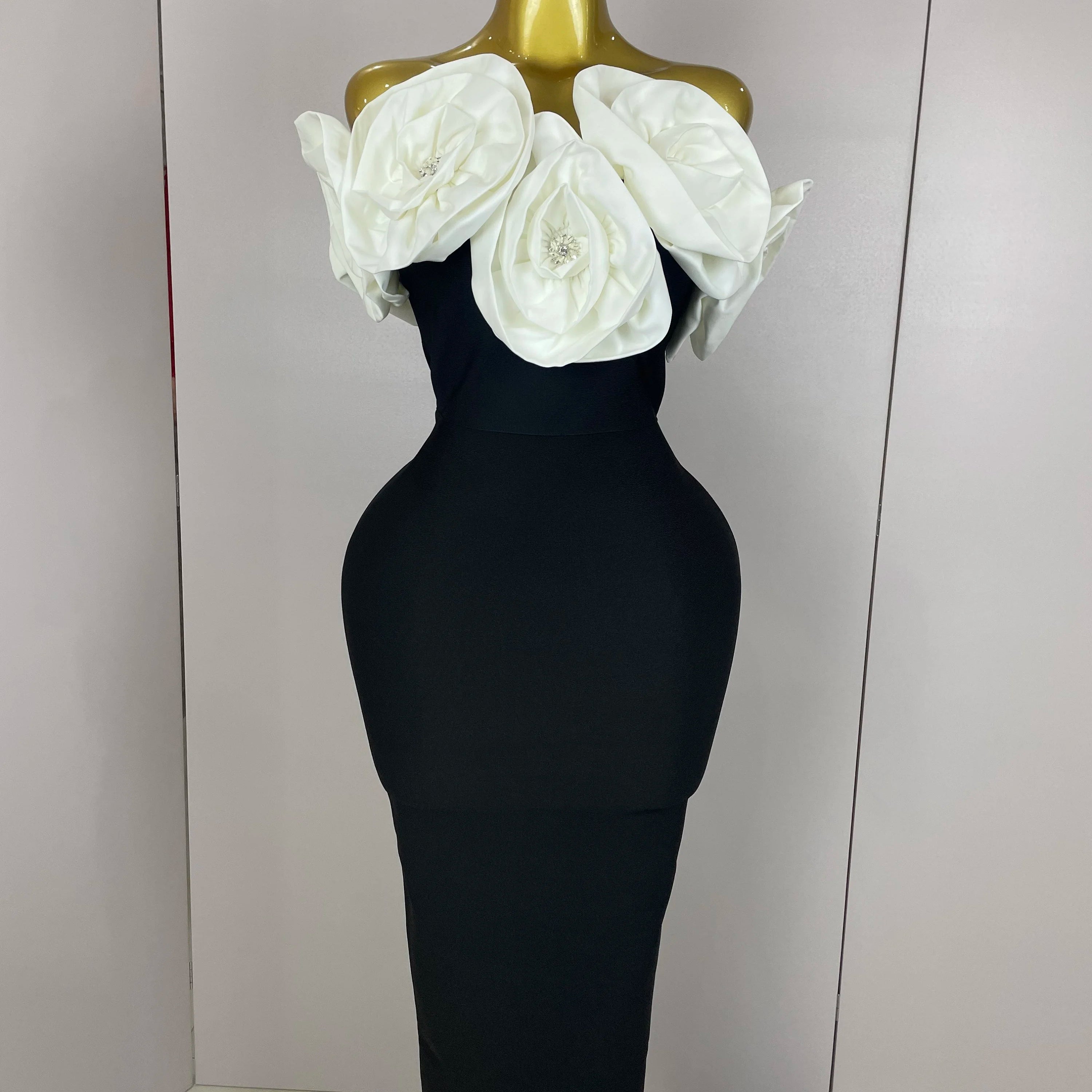 New Stereoscopic Red Flowers Sexy Off The Shoulder Ankle Lenght Bandage Dress Woman Birthday Party Vestido Wedding Party Outfit WHITE