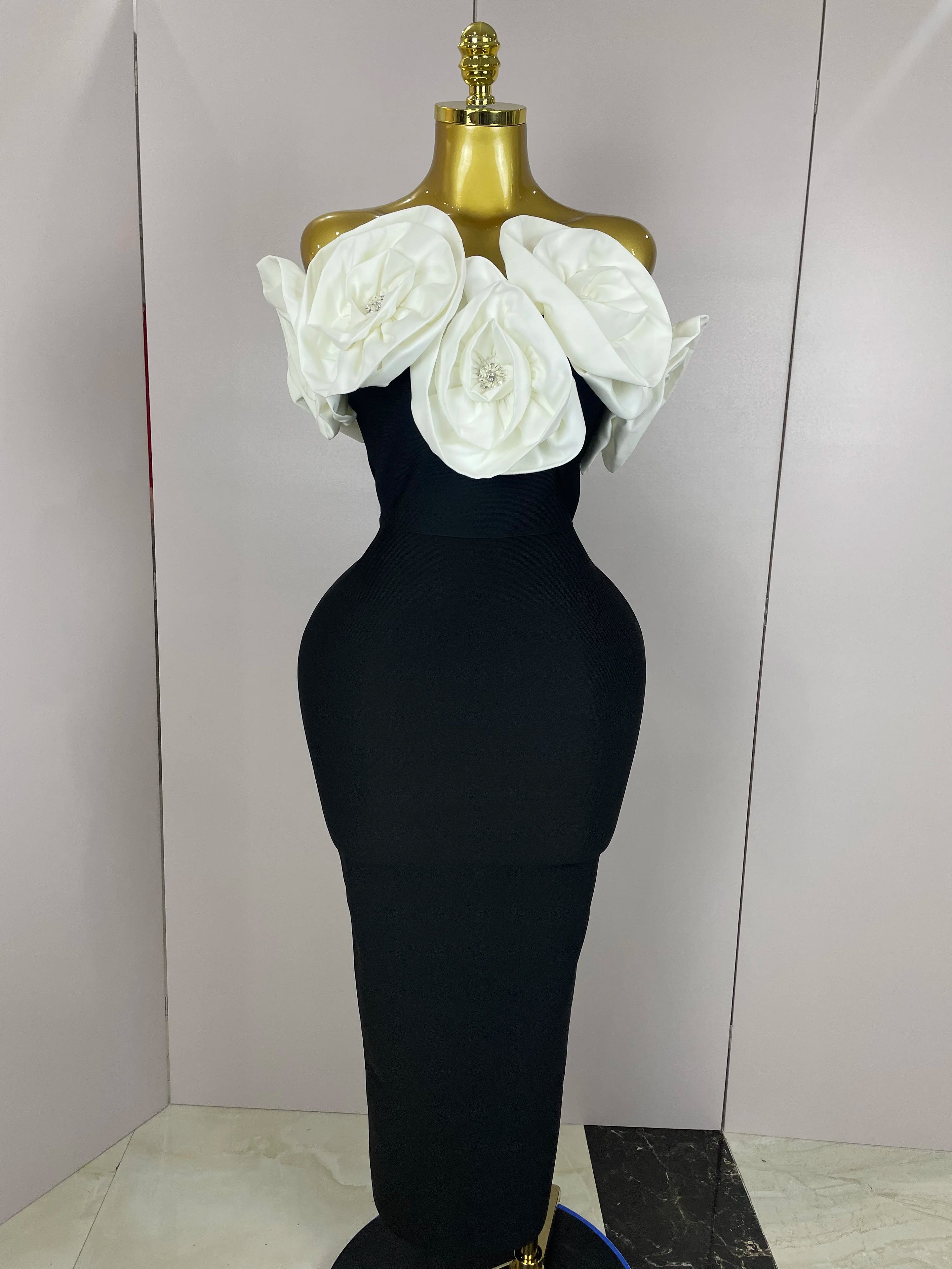 New Stereoscopic Red Flowers Sexy Off The Shoulder Ankle Lenght Bandage Dress Woman Birthday Party Vestido Wedding Party Outfit WHITE