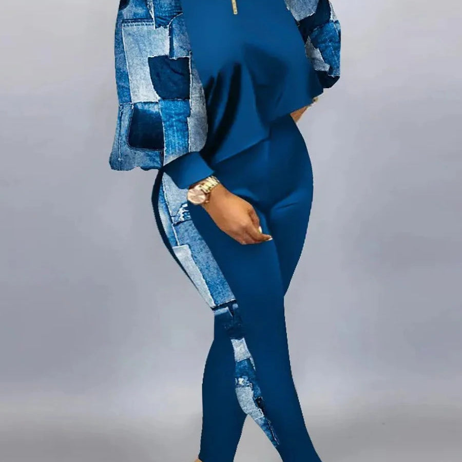 LW Plus Size Lantern Sleeve Gradient Print Skinny Pants Set New In Women Spring Summer High Elasticity 2PC Tracksuits Outfits Blue