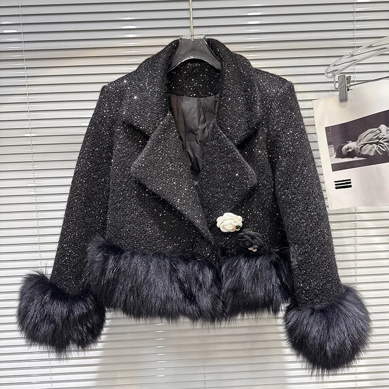 Winter New Fashion High-end Fox Fur Patchwork Woolen Suit Collar Cotton Short Coat For Women Elegant Jacket 11A07690 Black
