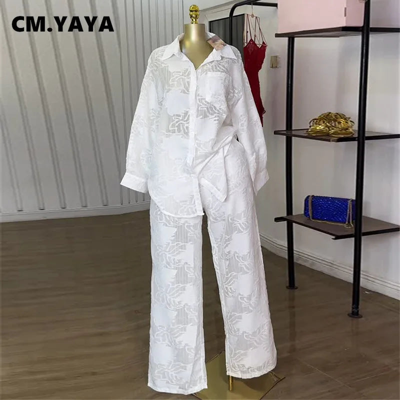 CM.YAYA Fashion Women's Set Perspective Long Sleeve Shirt and Straight Wide Leg Pants 2025 OL Two 2 Piece Set Outfit Tracksuit