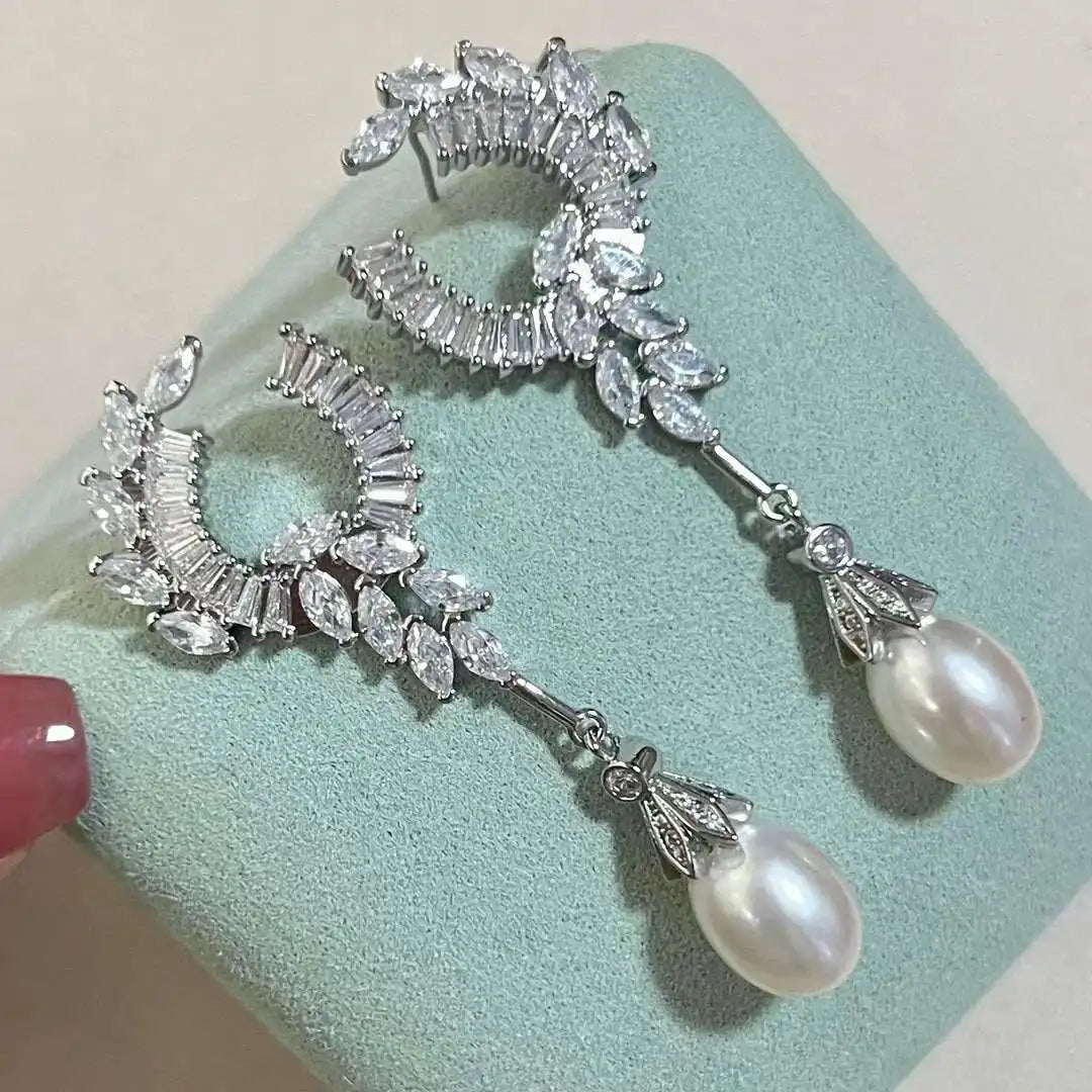 N Crown Princess with 925 Sterling Silver Plated Angel Wings 9-10MM Natural Freshwater Pearl Drop Earrings As Picture