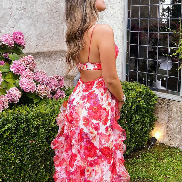 Colorful Floral Printing Beach Long Dresses Summer Chic Spaghetti Straps Backless Princess Fairy Maxi Dress Vestidos