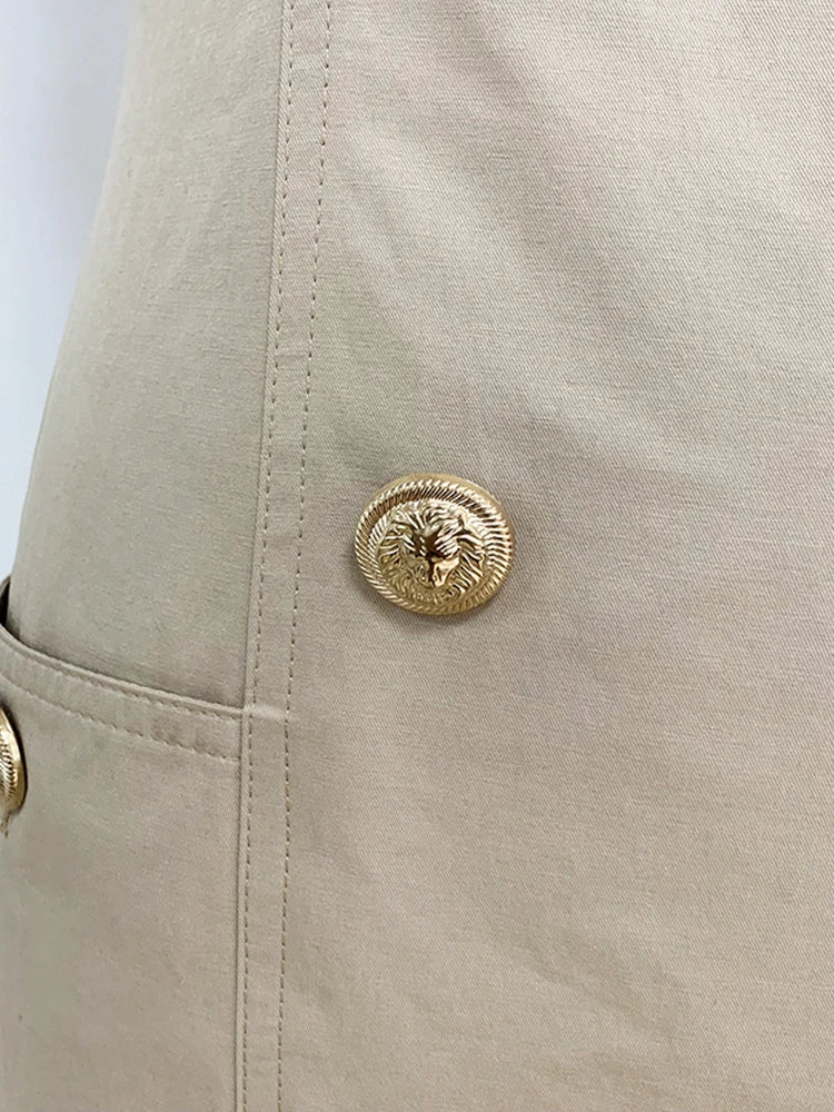 Top Newest Stylish Summer Designer Women's Sleeveless Notched Collar Double Breasted Lion Buttons Mini Cotton Dres