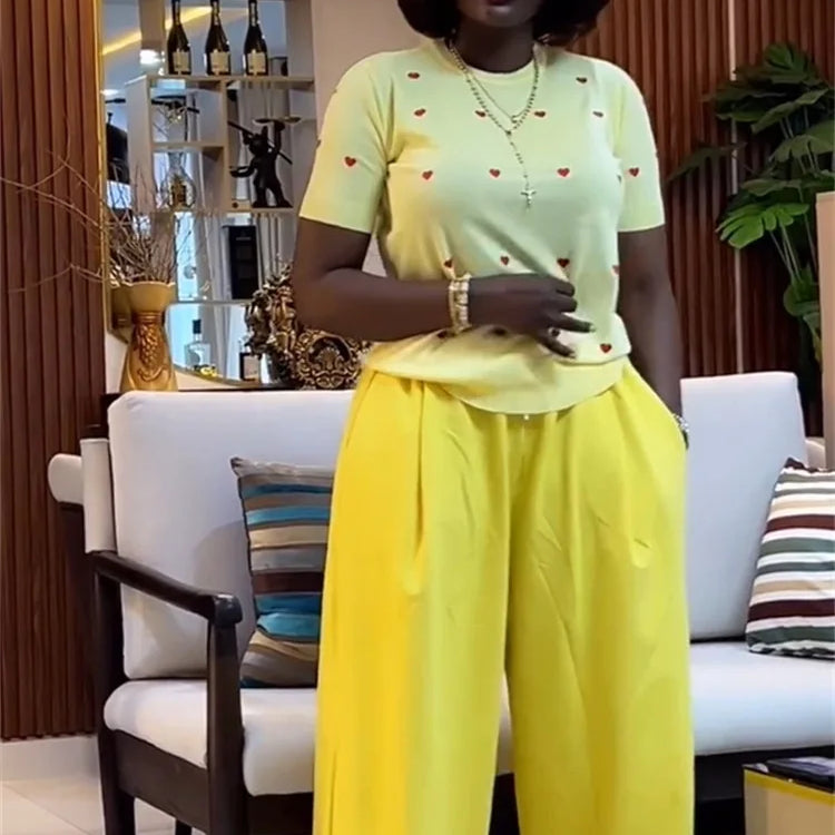 Fashion Women's Set Love Short Sleeve T-shirt and Wide Leg Pants 2025 Summer Active Two 2 Piece Sets Outfit Tracksuit