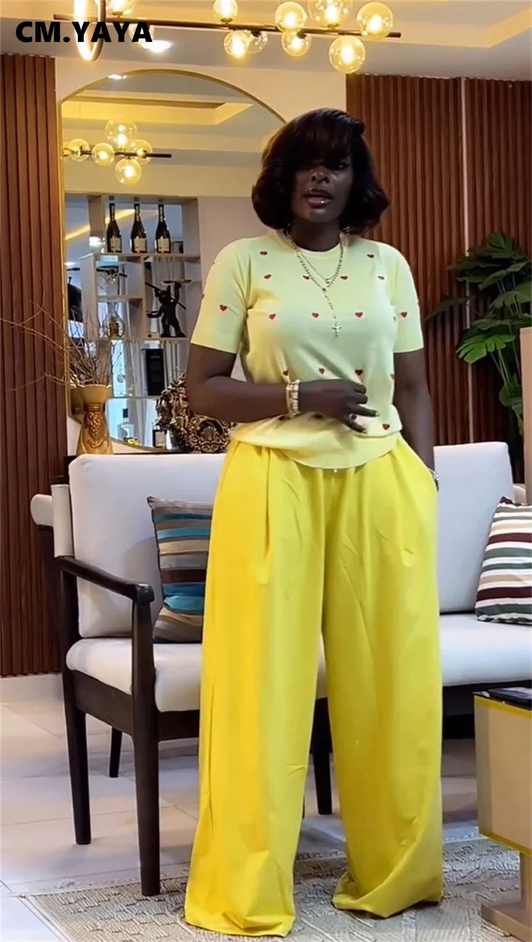 Fashion Women's Set Love Short Sleeve T-shirt and Wide Leg Pants 2025 Summer Active Two 2 Piece Sets Outfit Tracksuit