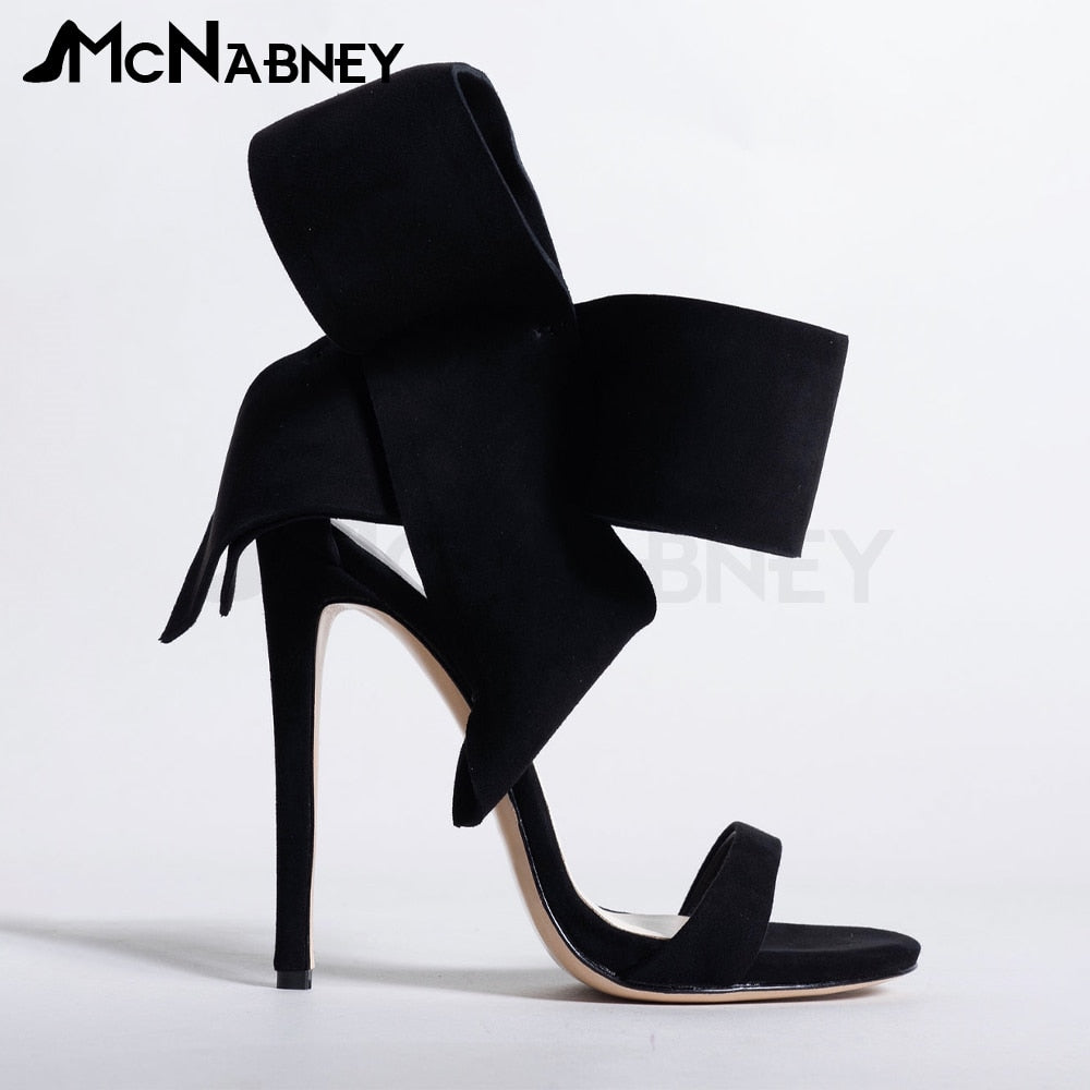 Satin Butterfly Knot High Heels Stiletto Pointed Toe Sandals Luxury Style Shoes Fashion High Heels Shiny Rhinestone Sandals Suede-Black