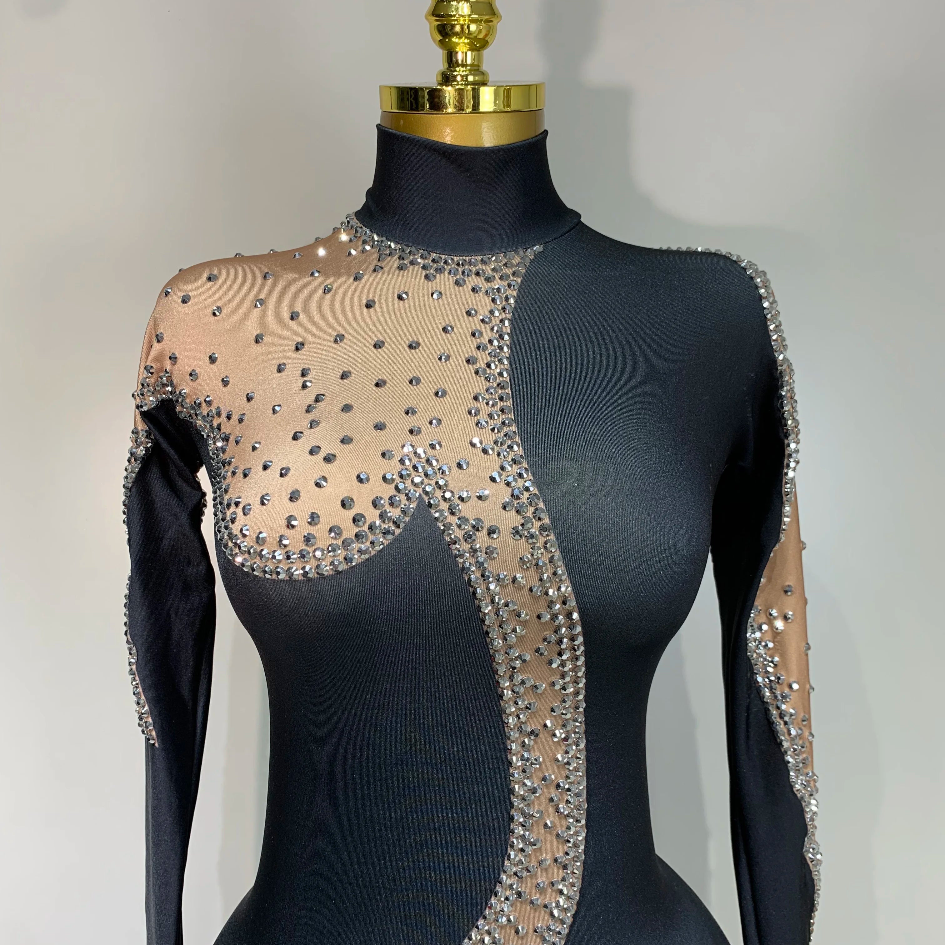 Fashion Sparkly Rhinestone Bodycon Bodysuit Female Singer Dancer Stage Perform Outfit Luxury Birthday Club Drag Queen Costume