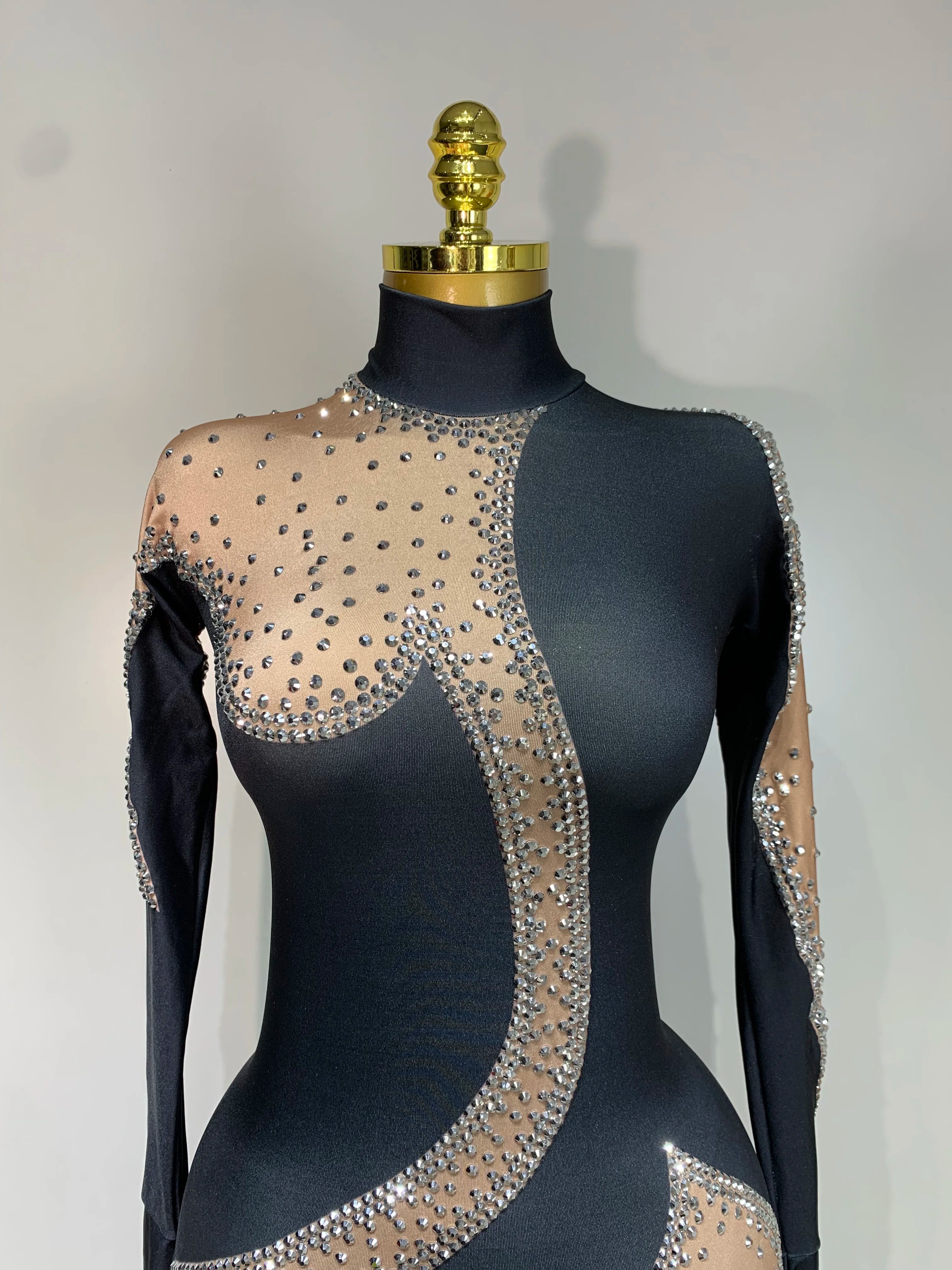 Fashion Sparkly Rhinestone Bodycon Bodysuit Female Singer Dancer Stage Perform Outfit Luxury Birthday Club Drag Queen Costume