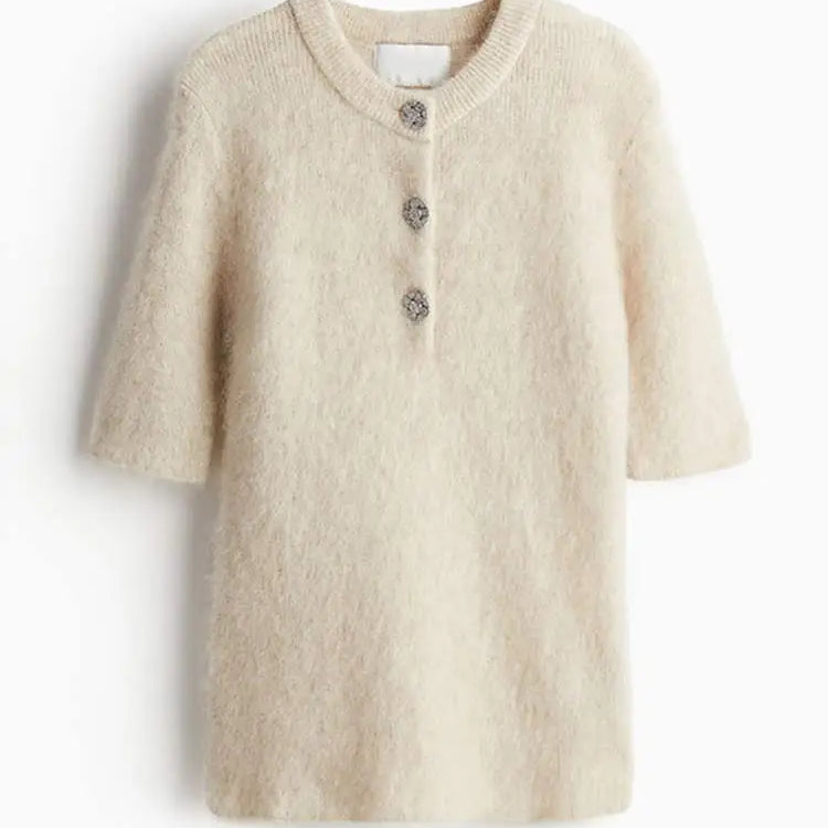 Women Fashion Wool Half Sleeve Slim Skirts Suits Female Button Knit Top Suit New Lady Commute Casual Knitted Outfits Apricot Sweater