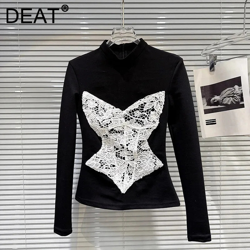 Winter New Fashionable Lace Patchwork High Neck Long Sleeve T-Shirt For Women Slim Fit Versatile Tops Female 11A07652