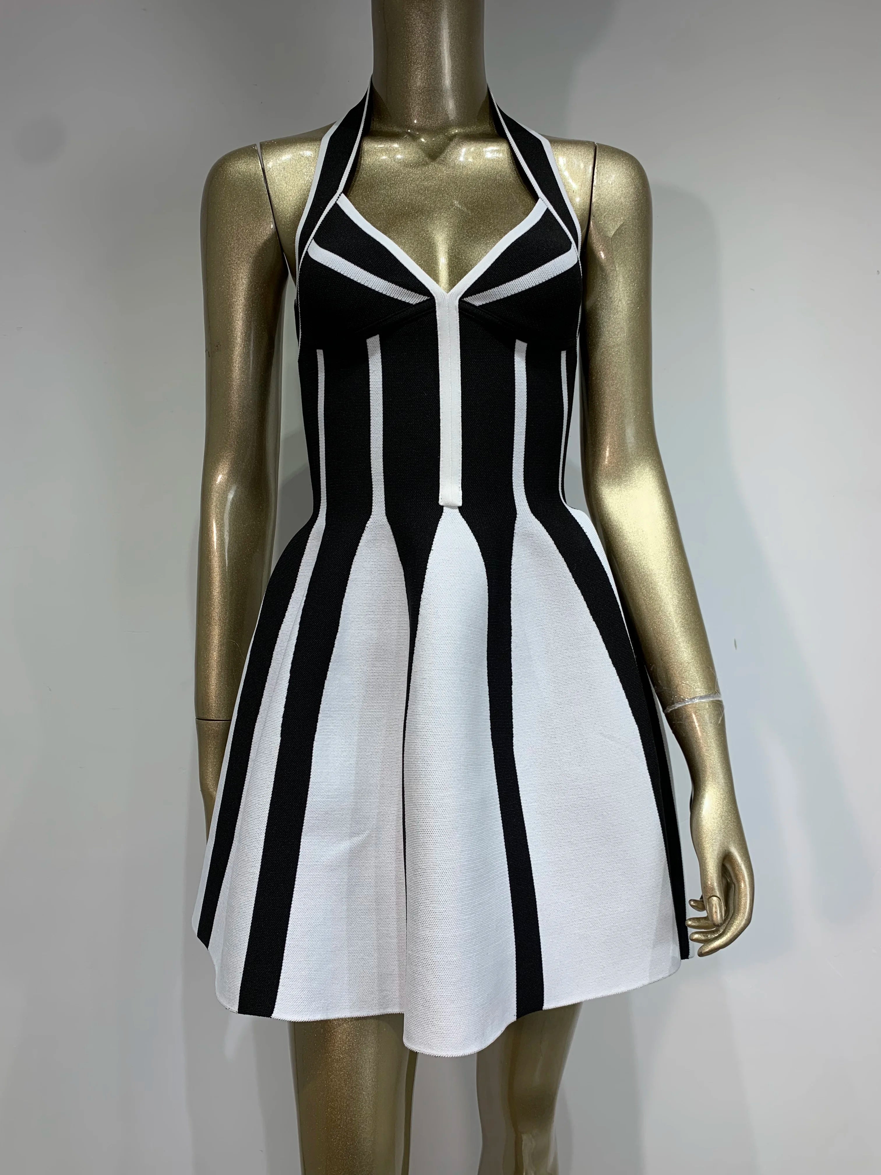 Women Celebrity Sexy Backless Halter Striped A Line Mini Jacquard Bodycon Bandage Dress 2025 Elegant Evening Club Party Outfit