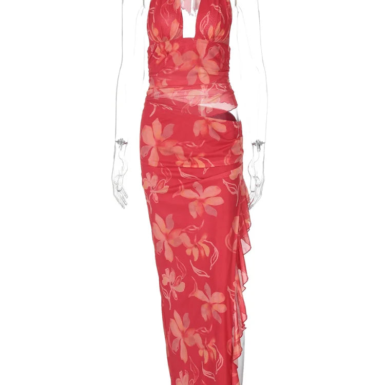 2025 Summer Retro Red Printing Slim Halter Tops Suit Elegant Lady Side Slit Ruffles Lace Midi Skirts Set New Vocation Beach Wear