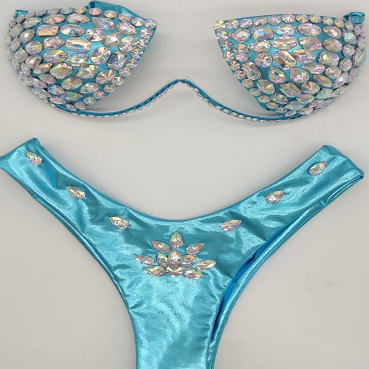 Women's Swimwear Bikini Swimsuit 2024 For Women Summer Beach Shiny Crystal Padded Push Up Bikinis Thong Bathing Sets Outfits Light Blue