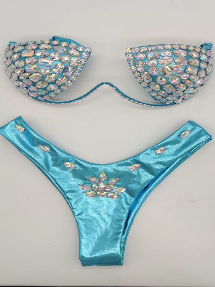 Women's Swimwear Bikini Swimsuit 2024 For Women Summer Beach Shiny Crystal Padded Push Up Bikinis Thong Bathing Sets Outfits Light Blue