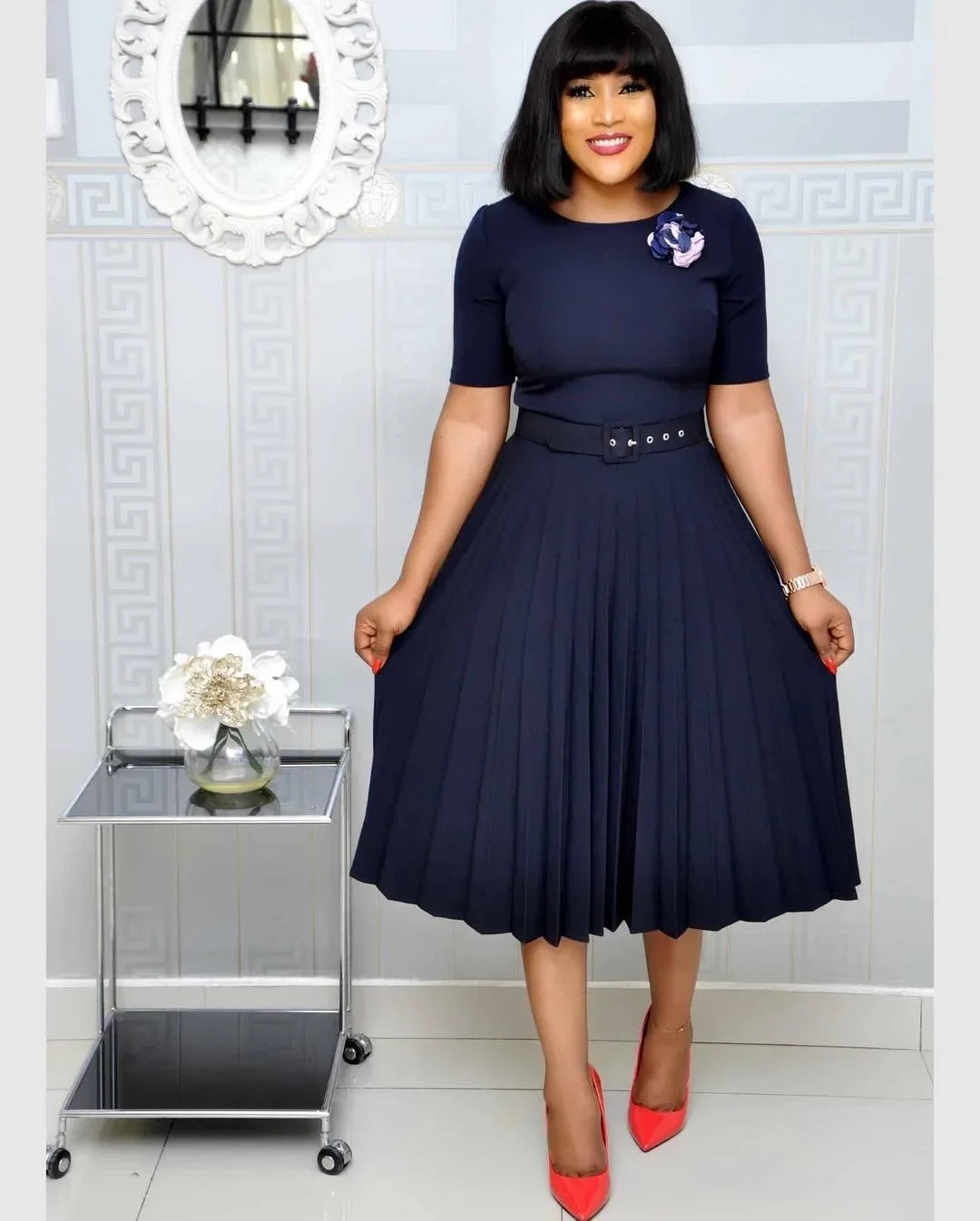 Summer Midi Pleated Dress Short Sleeve Office Lady Africa Sashes Women High Waist Elegant Dresses Vestidos Navy Blue