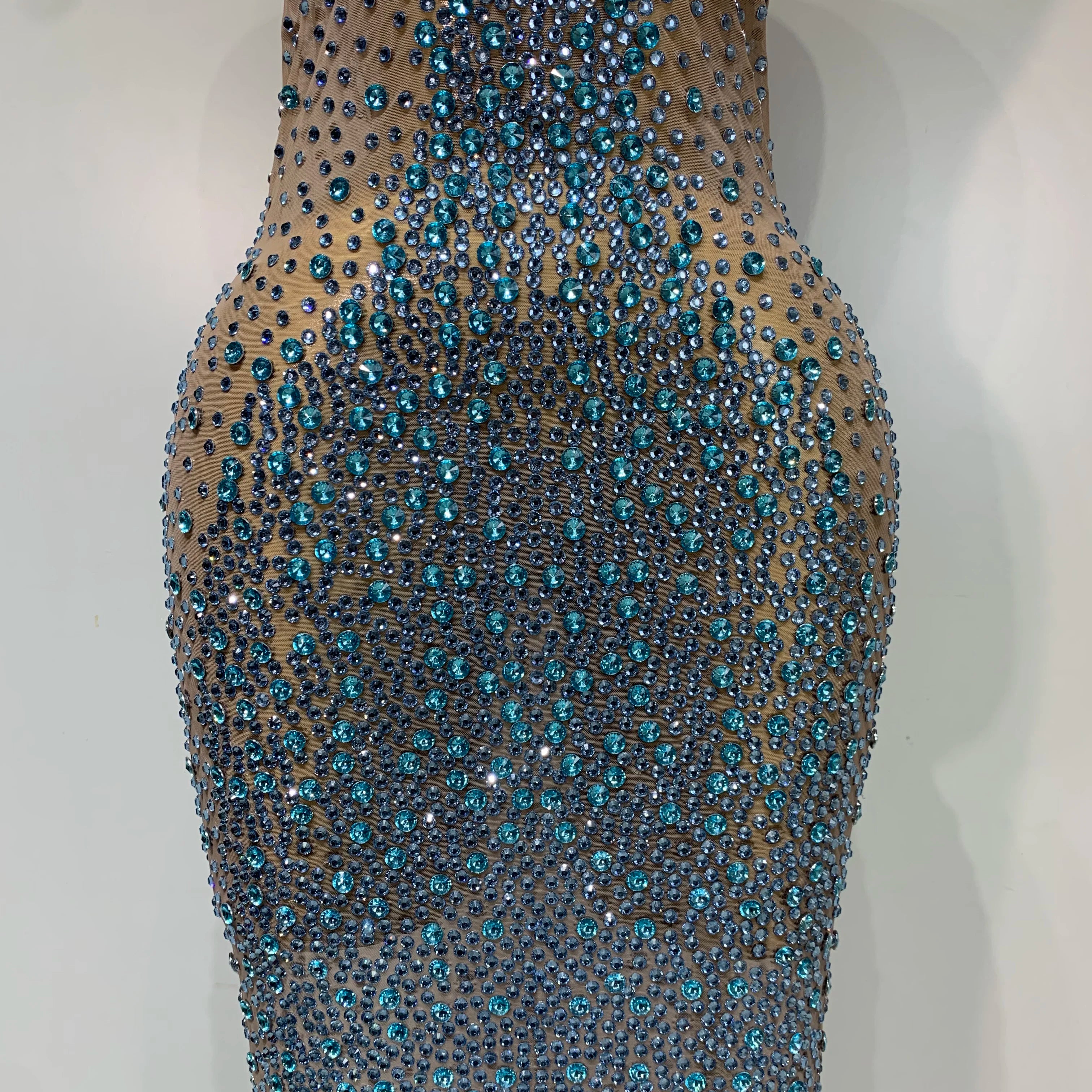 Sparkly Rhinestones Sleeveless Dress Sexy Mesh Transparent Celebrate Evening Wedding Prom Luxury Birthday Dresses Stage Outfit