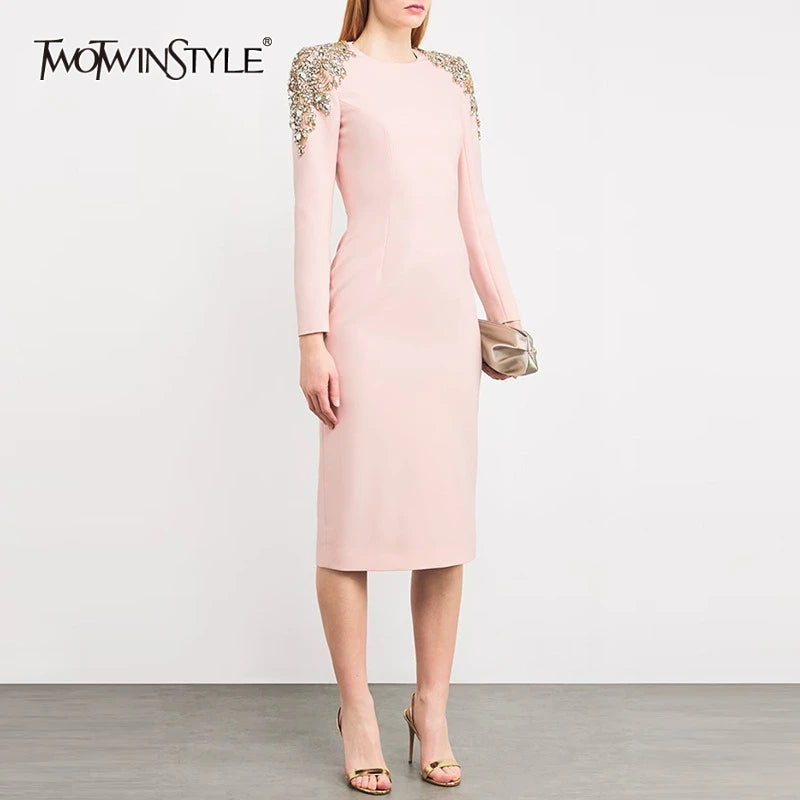 Solid Slimming Elegant Dresses for Women Round Neck Long Sleeves Patchwork Bead Temperament Dress Female Clothing