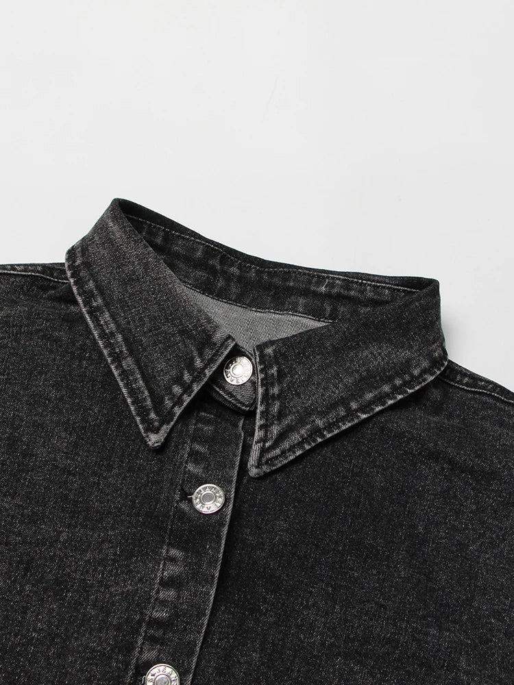 Black Two Piece Sets For Women Lapel Long Sleeve Short Top High Waist Patchwork Pocket Mini Skirt Denim Set Female