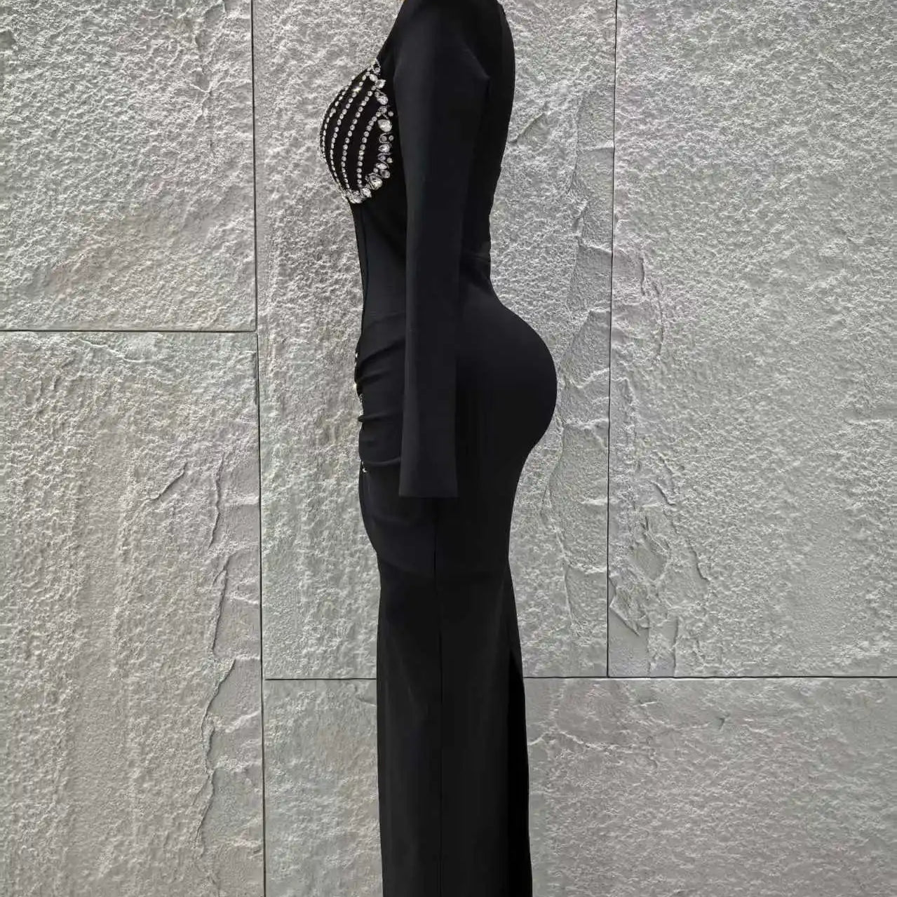 Top Quality Women Long Sleeve Sexy Square Collar Shinning Crystal Bodycon Long Bandage Dress Celebrate Evening Party Outfit