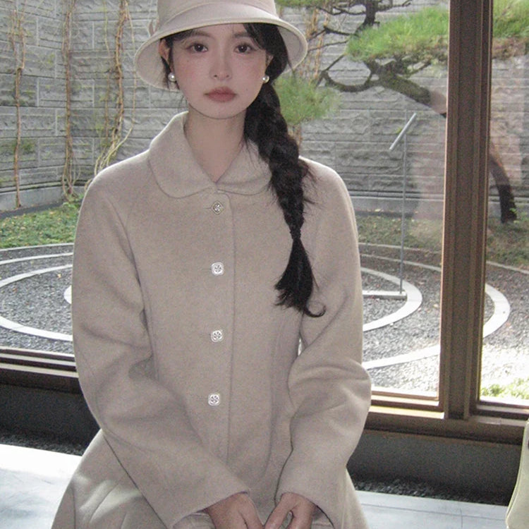 Winter Long Wool & blends Coat for Women Chic Luxury Elegant Womans Clothing Skirted Woolen Overcoat 2024