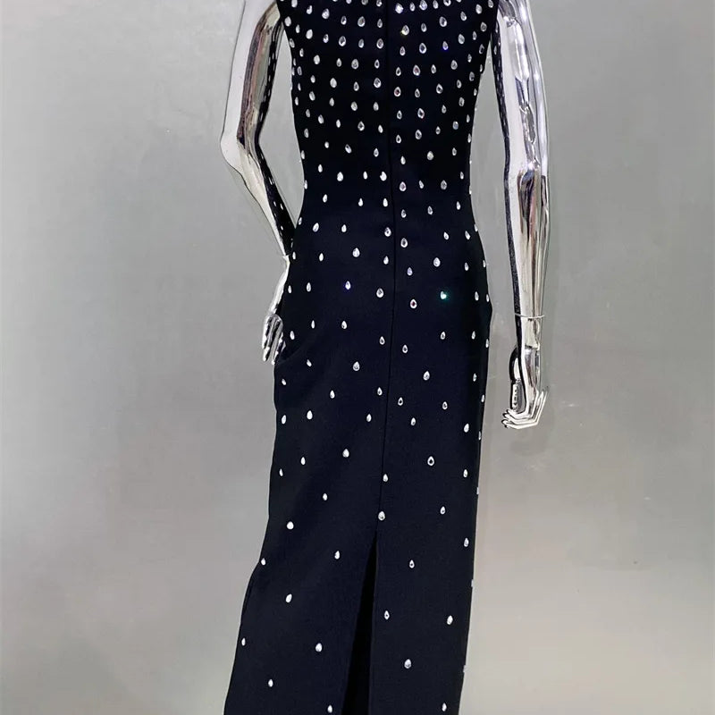 Top Quality Women Sleeveless Sexy O-Neck Shinning Crystal Bodycon Bandage Long Dress Evening Party Celebrate Cocktail Outfit