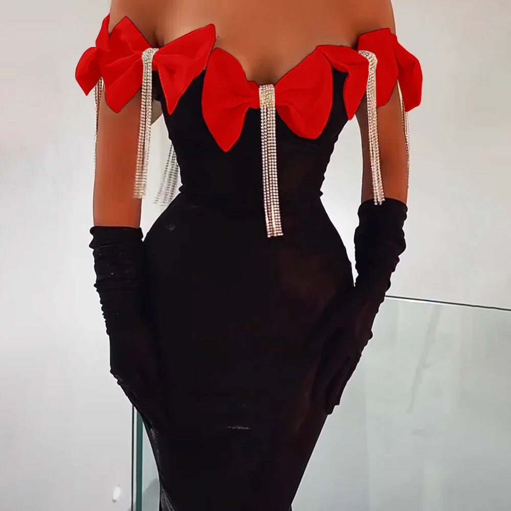 Women Celebrity Sexy Off Shoulder Flower Diamonds Black Bow Tie Maxi Long XL Bandage Dress Elegant Evening Club Party Dress Red