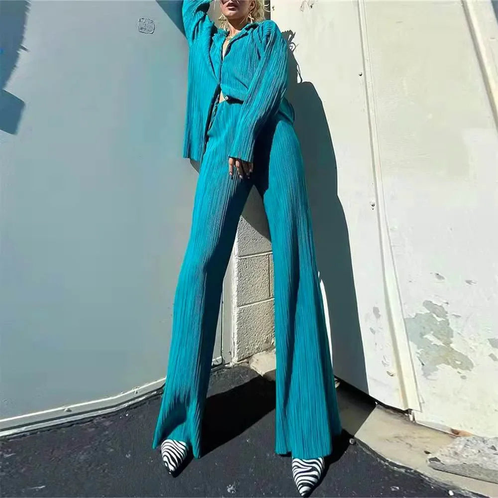 Pleated Solid Women Set Long Sleeve Shirts and Straight Wide Leg Pants Suits Tracksuit Two Piece Set Fitness Outfits Malachite Blue