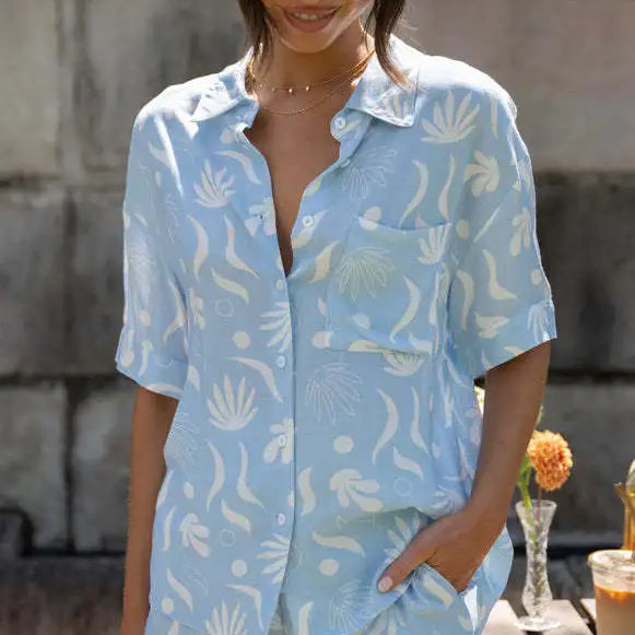 Printed Shirts Shorts Suit Female Holiday Casual Short Sleeve Loose Pocket Top Women Two Pieces Set Summer Elegant Outfits