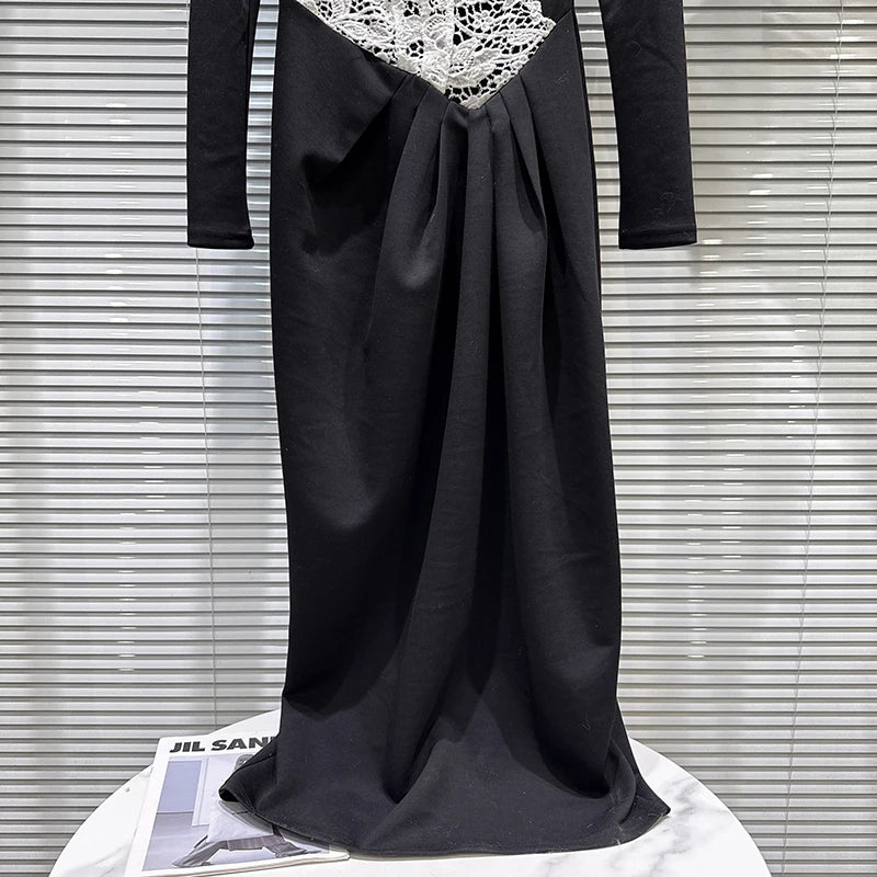 Winter New Fashion Lace Bikini Patch Slim Long T-Shirt Dress For Women Versatile Casual Dresses Female 11A07683