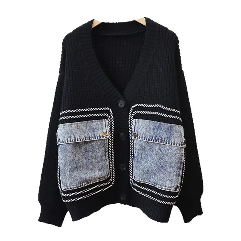 Autumn Winter New Design Patchwork Denim Pocket Knitted Cardigan For Women Loose Sweater Jacket Female Trendy 11A07745